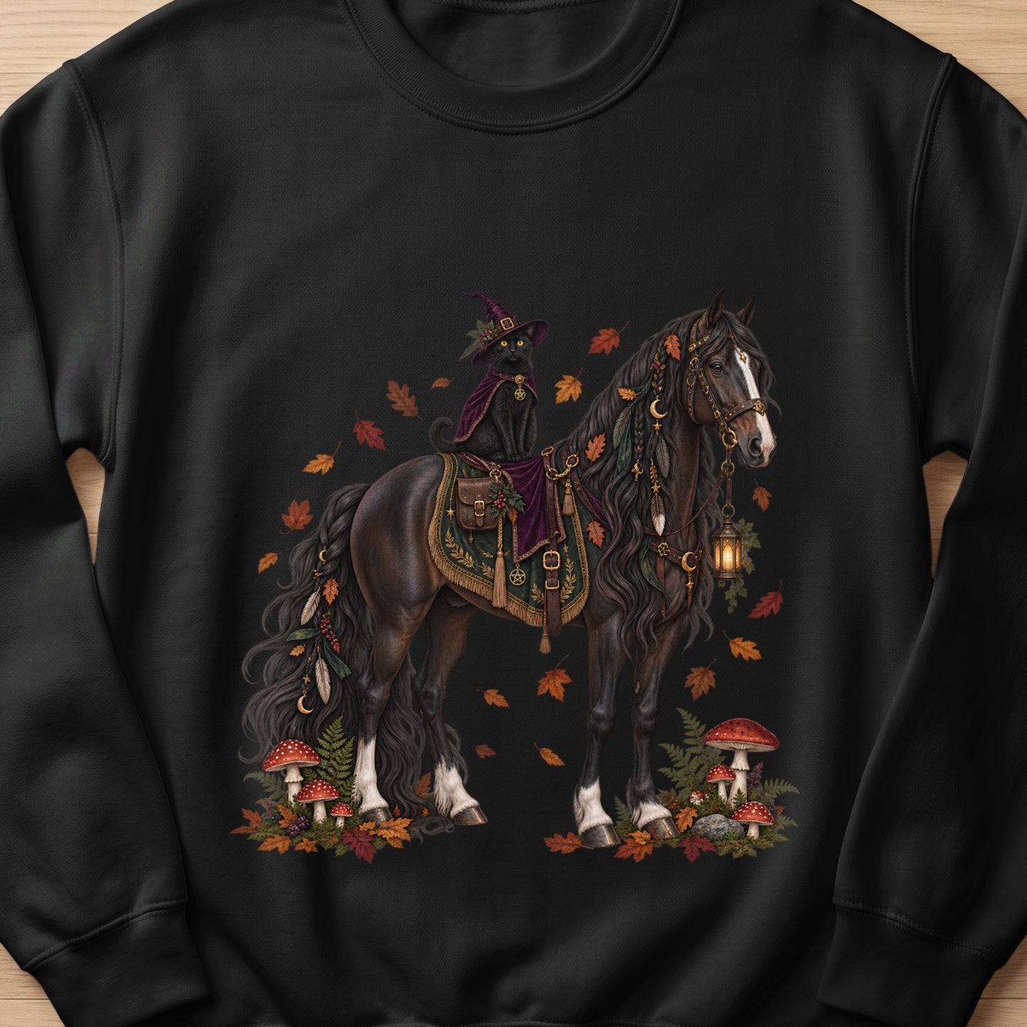 Black cat wearing witch hat rides a dark horse with autumn leaves and mushrooms.