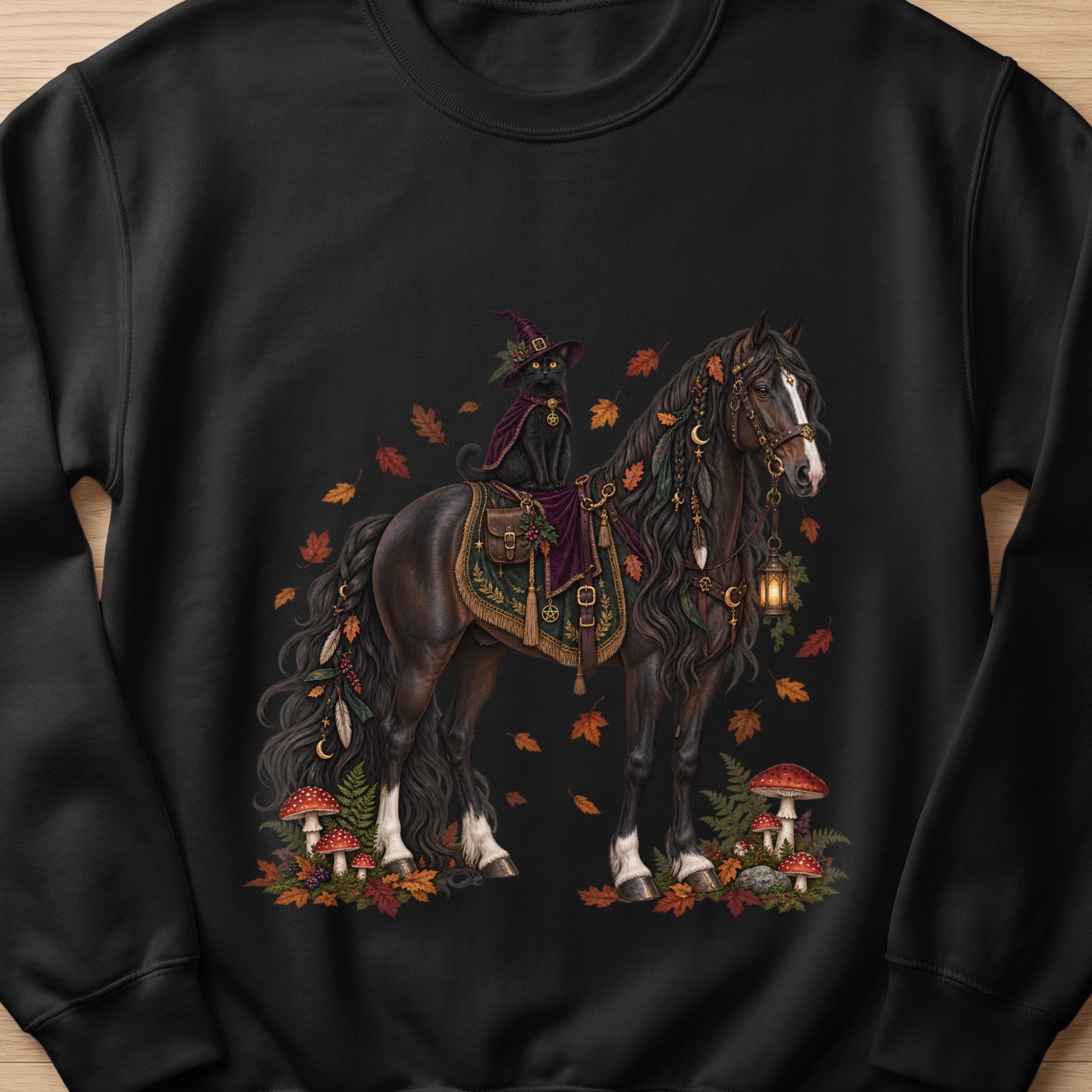Black cat wearing witch hat rides a dark horse with autumn leaves and mushrooms.
