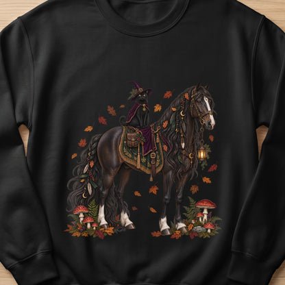 Black cat wearing witch hat rides a dark horse with autumn leaves and mushrooms.