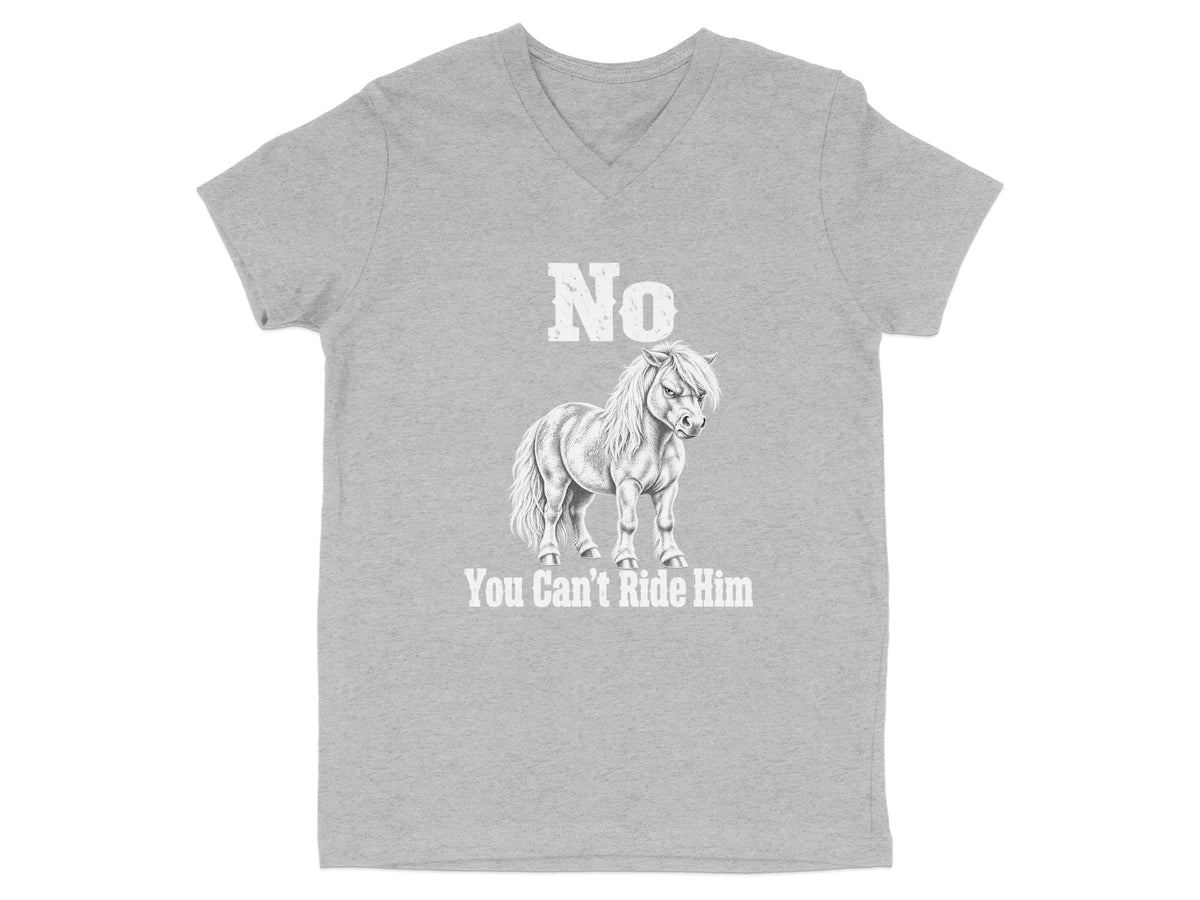 A heather gray V-neck t-shirt with a graphic of an angry pony and the text No You Can't Ride Him.