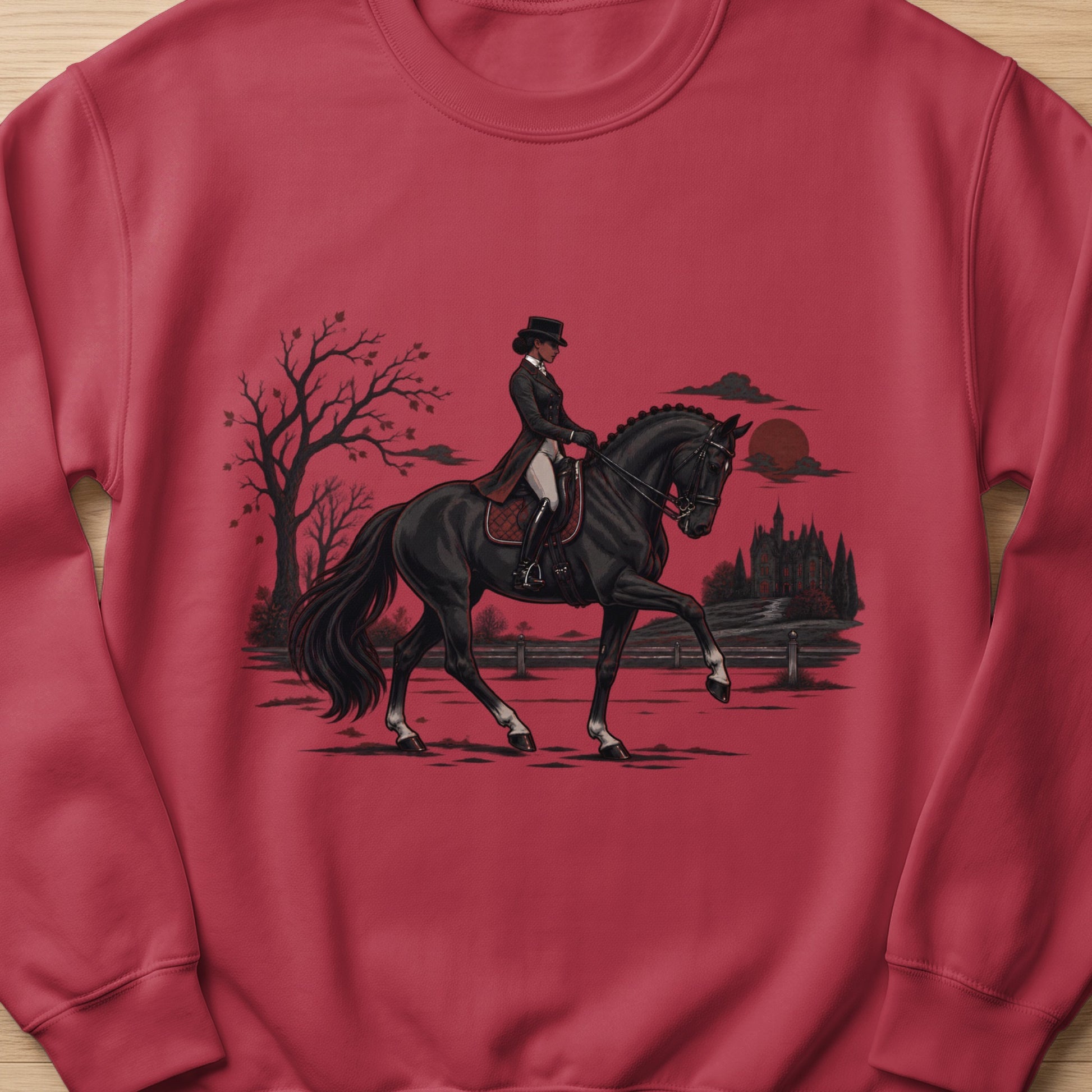 Illustration of a person riding a black horse with a castle and full moon in the background.