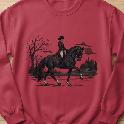 Illustration of a person riding a black horse with a castle and full moon in the background.