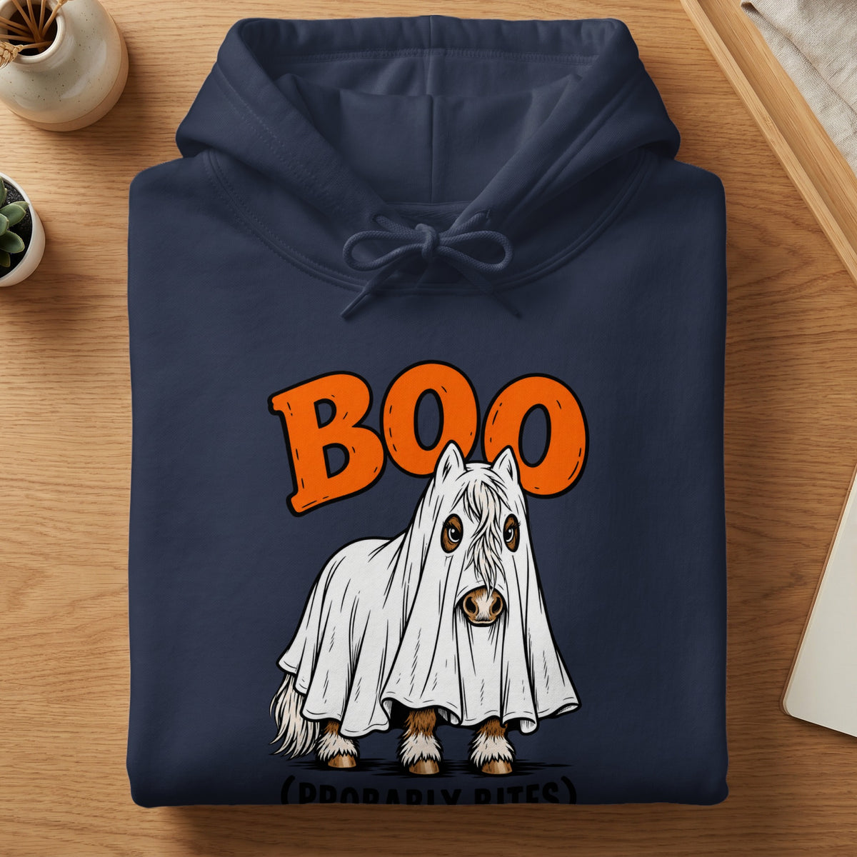 Dark blue hoodie with orange "BOO" text and a horse wearing a ghost costume.