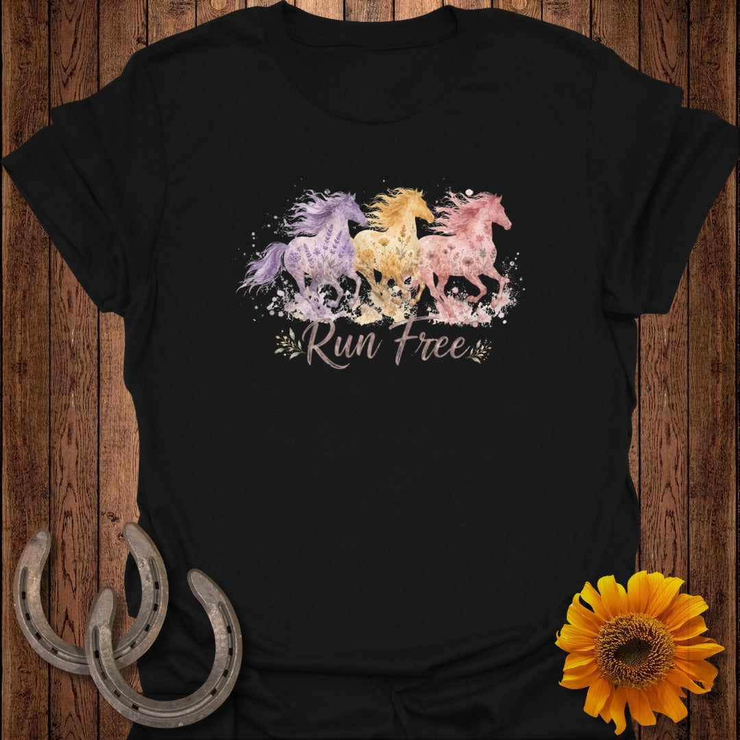 Black t-shirt with watercolor horses and "Run Free" text.