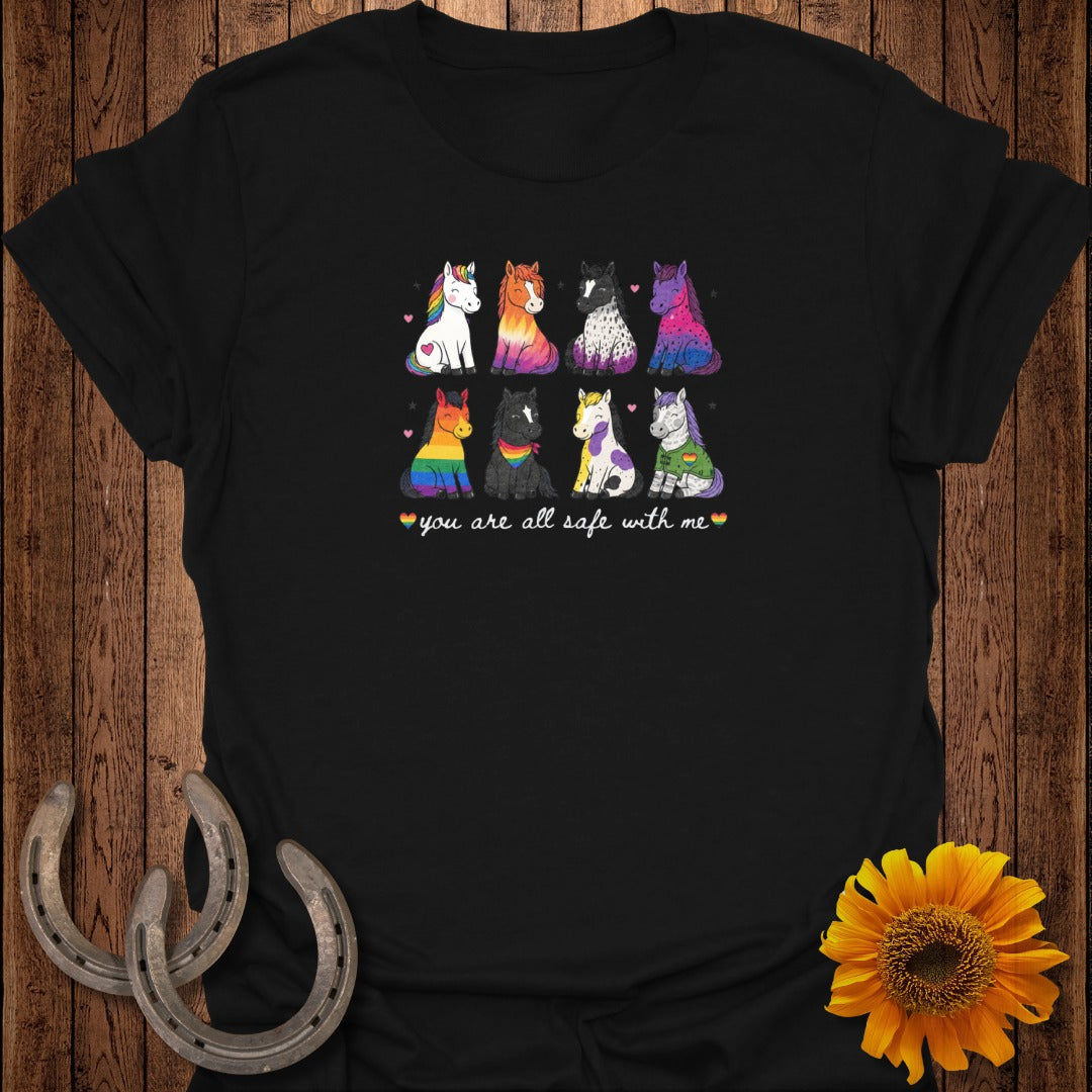 Rainbow and pride flag horses with "you are all safe with me" text.