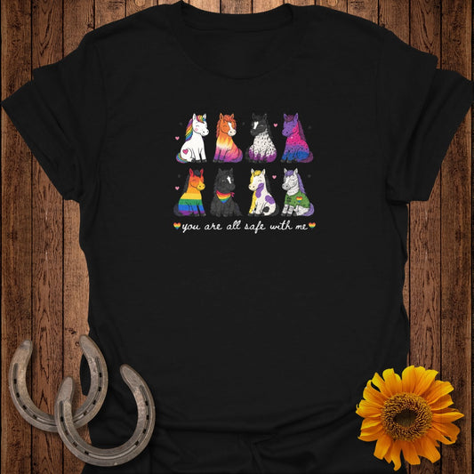 Rainbow and pride flag horses with "you are all safe with me" text.