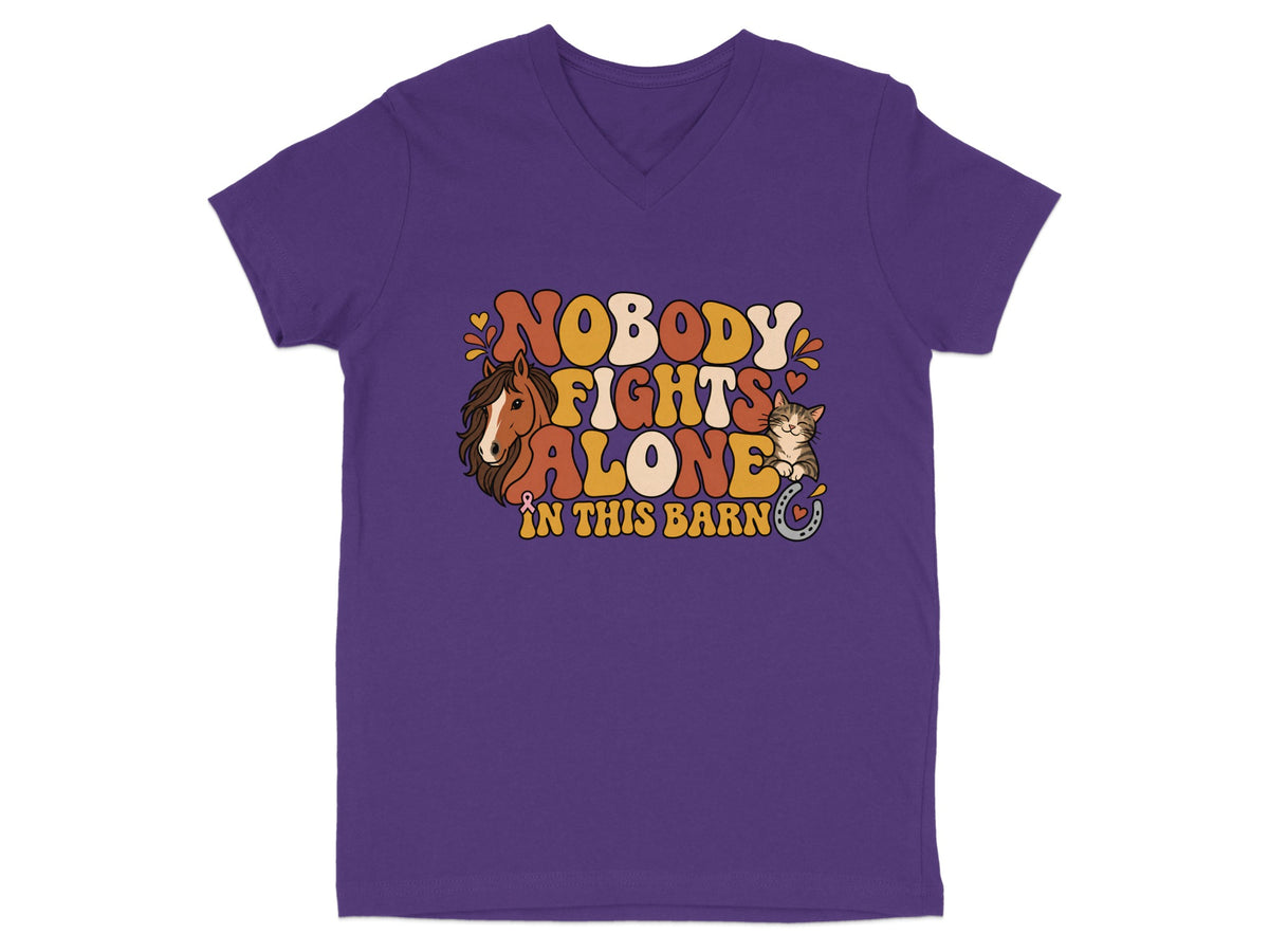 Purple t-shirt with "Nobody Fights Alone In This Barn" text, horse, and cat.