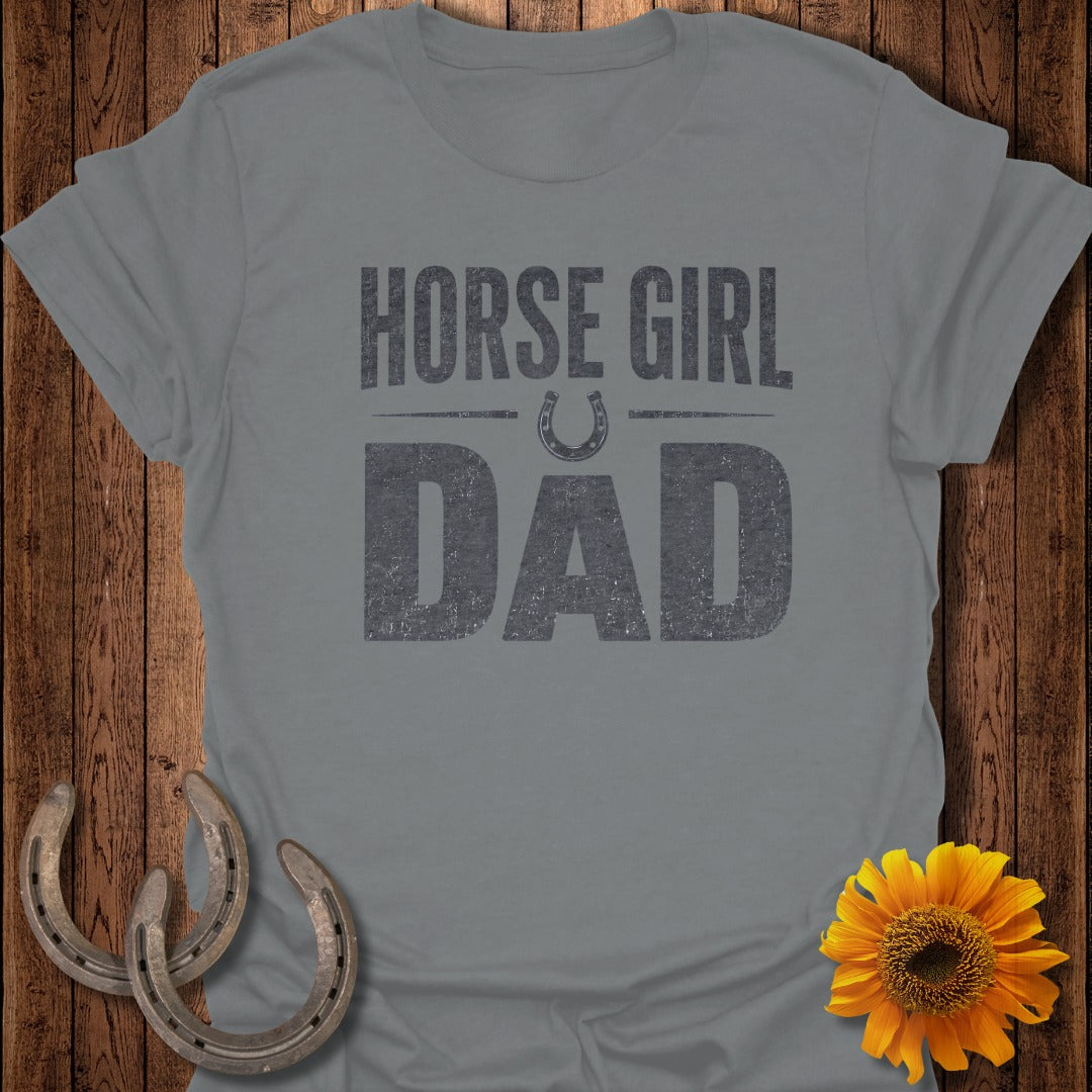 Grey t-shirt with "HORSE GIRL DAD" text and a horseshoe graphic.