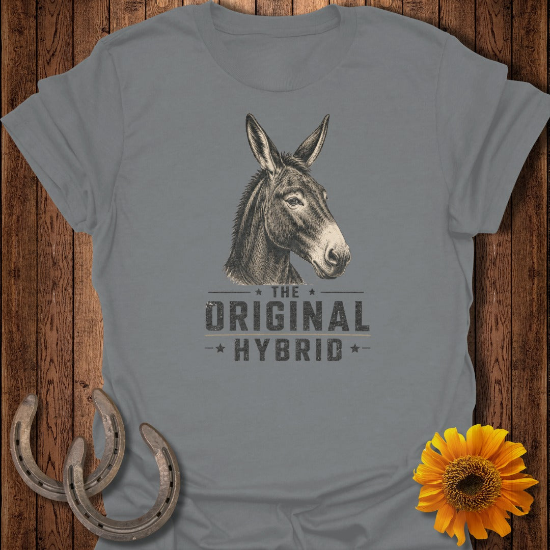 Grey t-shirt with a drawing of a donkey head and the text "THE ORIGINAL HYBRID".