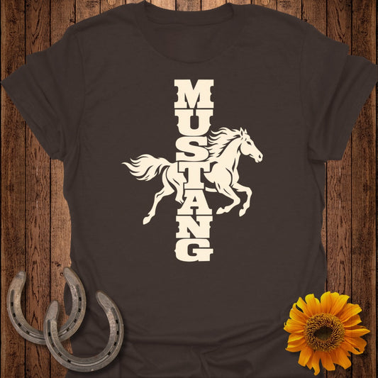 Brown t-shirt with white "MUSTANG" text and a running horse graphic.