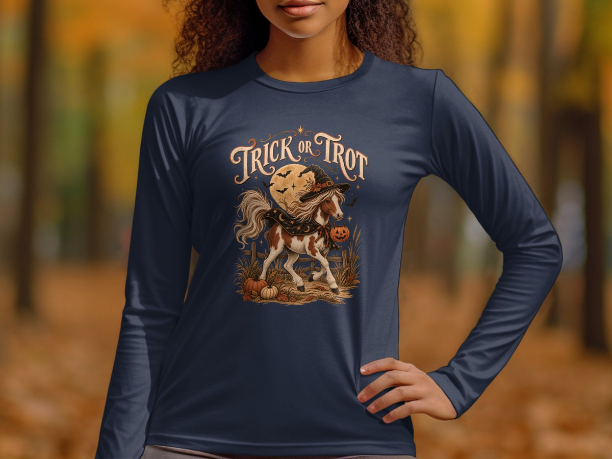 Long sleeve shirt with "Trick or Trot" text and Halloween horse graphic.