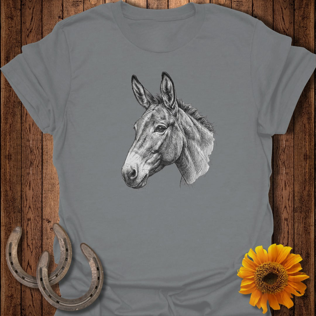 Black and white sketch of a mule's head on a gray t-shirt.