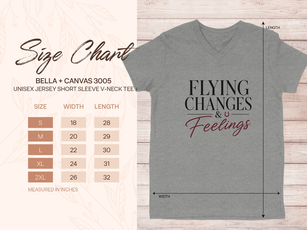 BELLA + CANVAS 3005 unisex v-neck tee size chart with width and length measurements in inches.