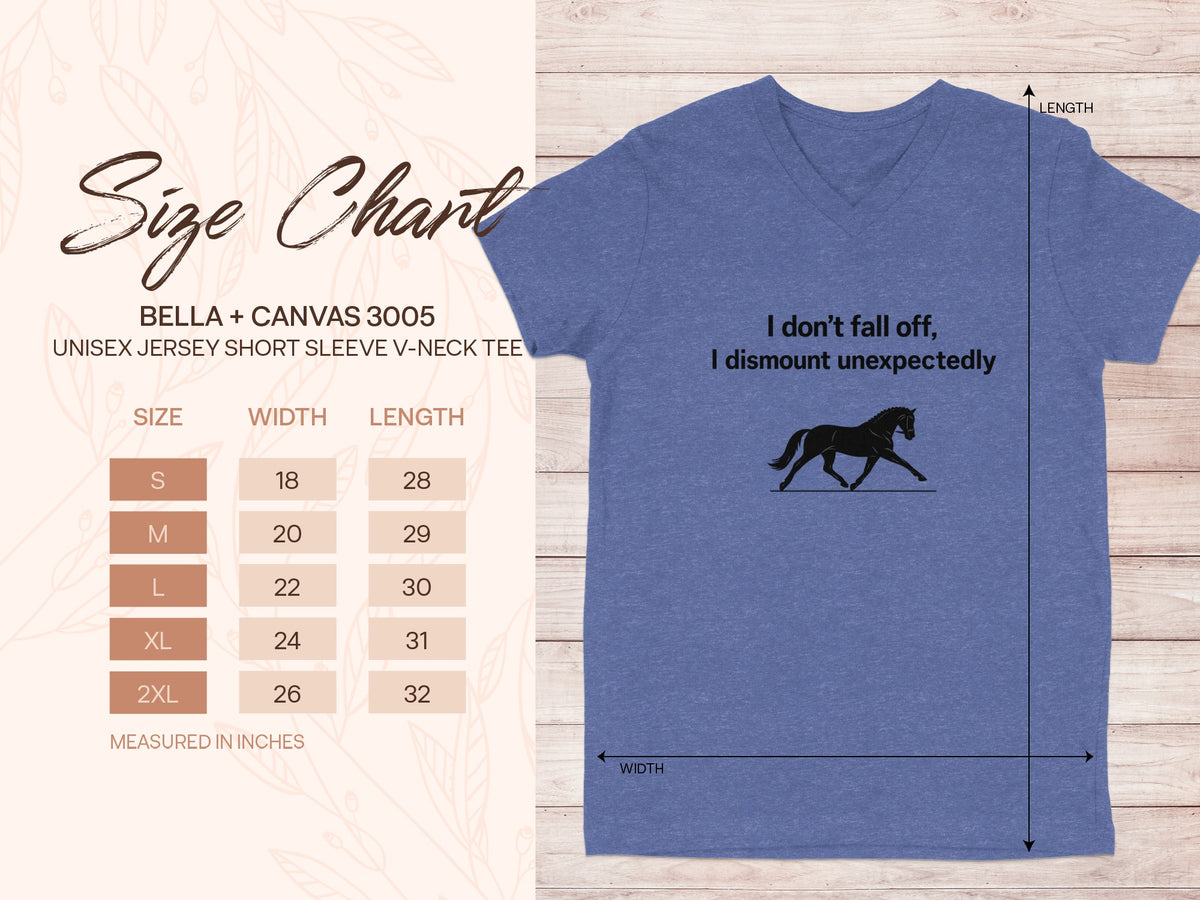 Size chart for Bella + Canvas 3005 unisex v-neck tee with horse graphic.