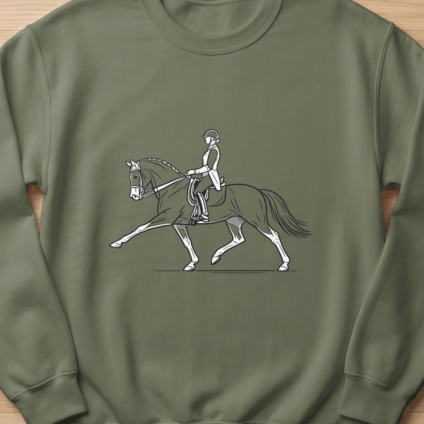 Equestrian rider performing dressage on a stylized horse in a minimalist line drawing.