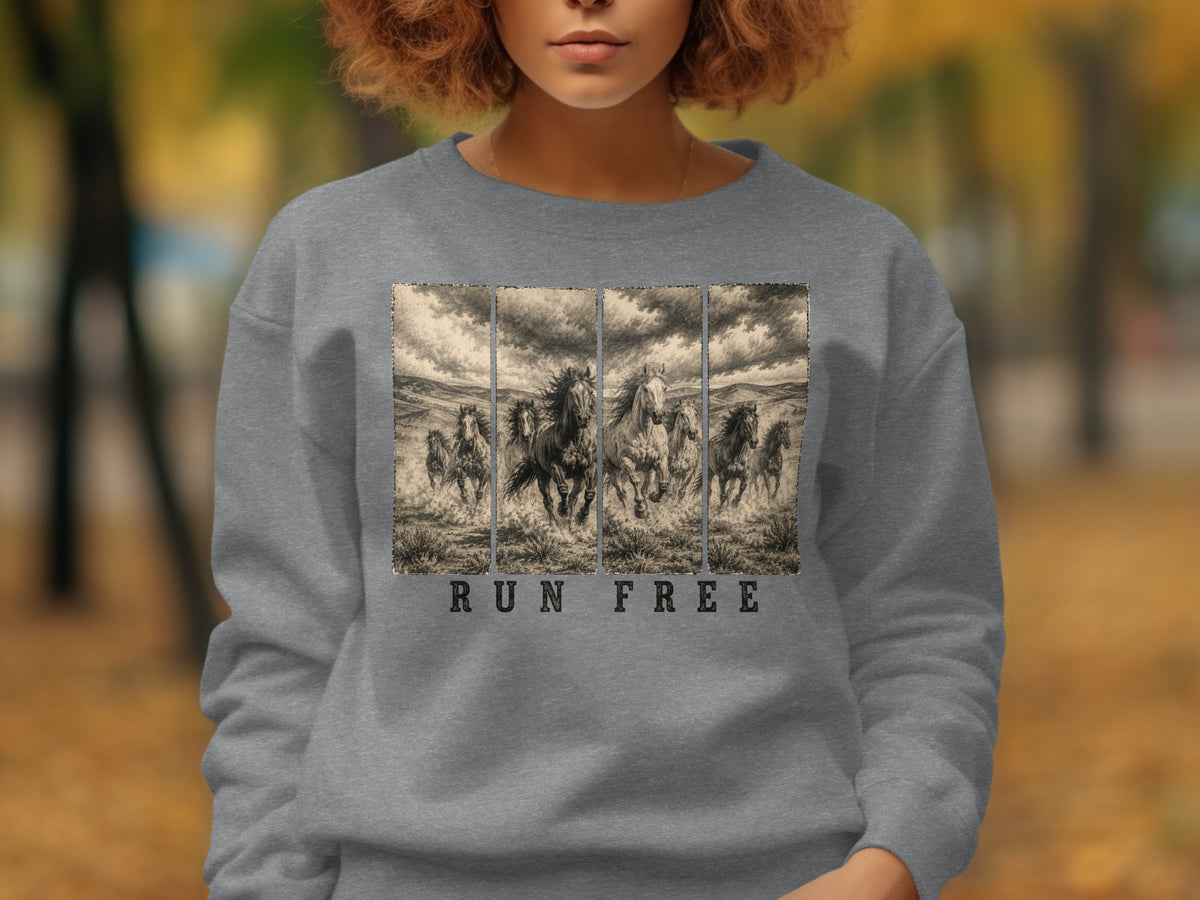 Grey sweatshirt with a graphic of running horses and the text "RUN FREE".