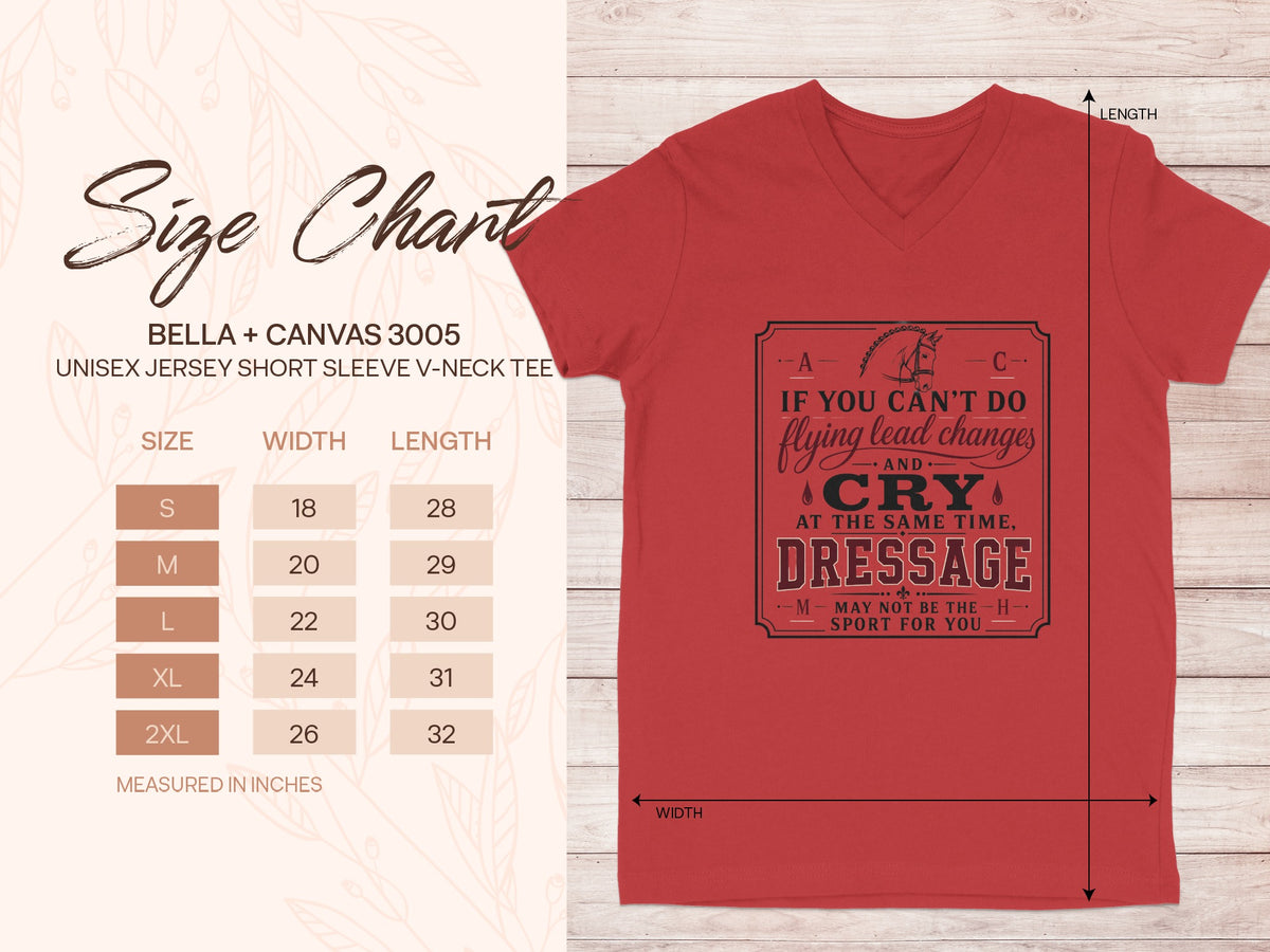 Red V-neck t-shirt size chart and "Dressage" graphic with horse.