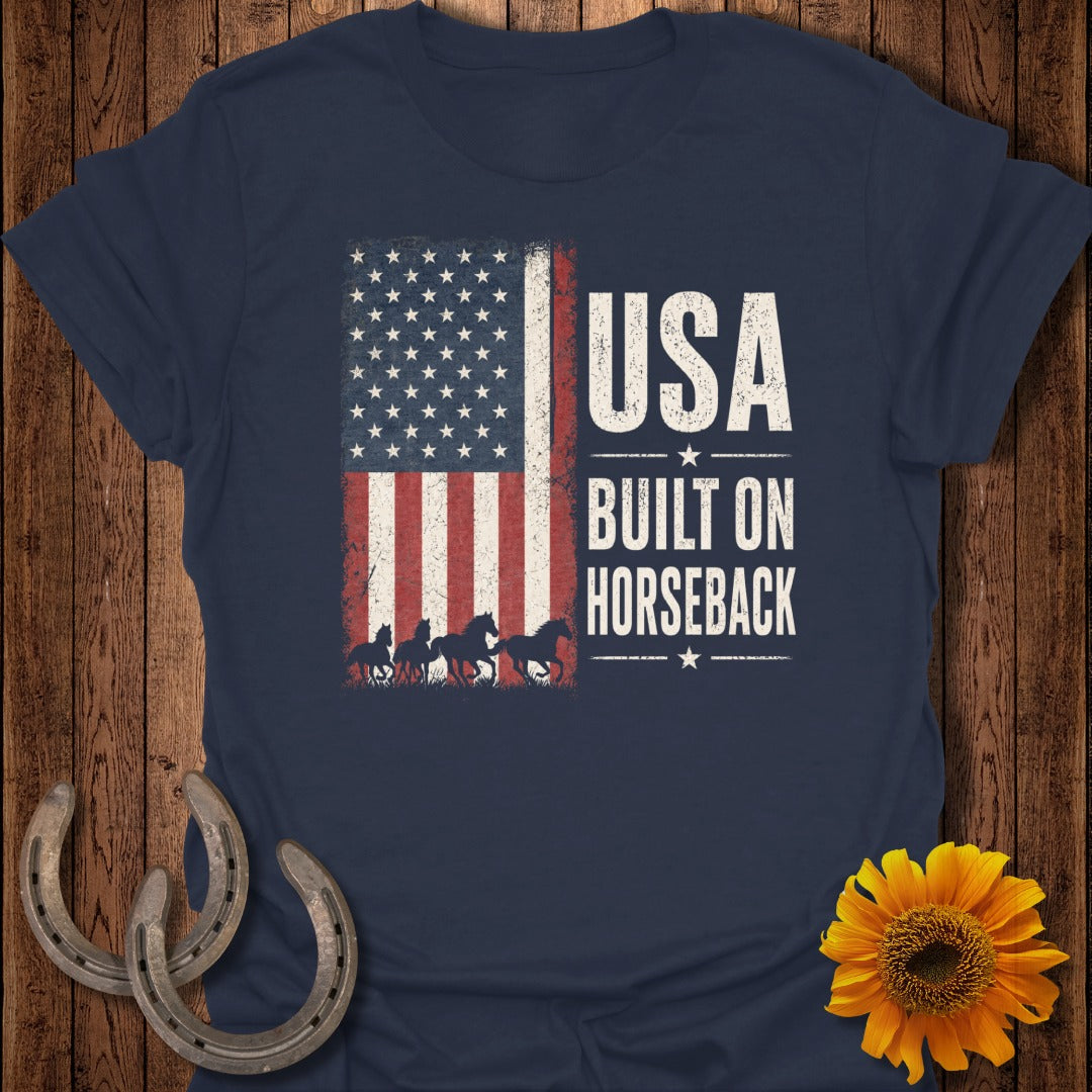 Navy t-shirt with distressed US flag and "USA BUILT ON HORSEBACK" text.