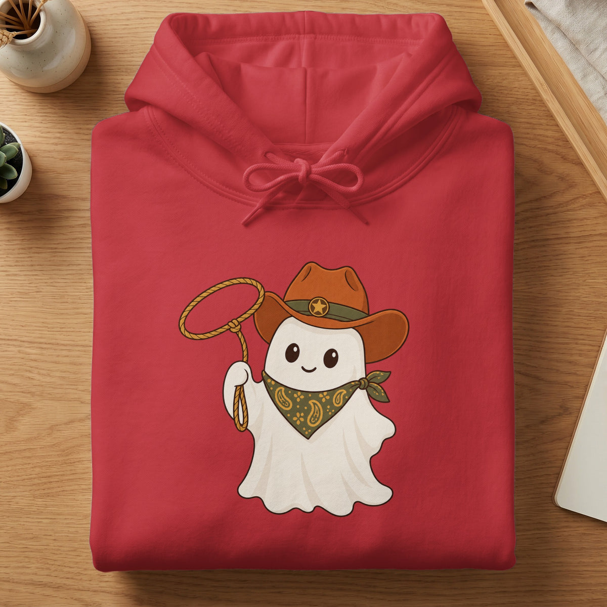 Red hoodie with cartoon ghost wearing cowboy hat and bandana holding lasso.