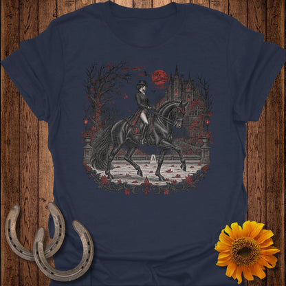 Rider on black horse in front of haunted castle with red moon and bats.
