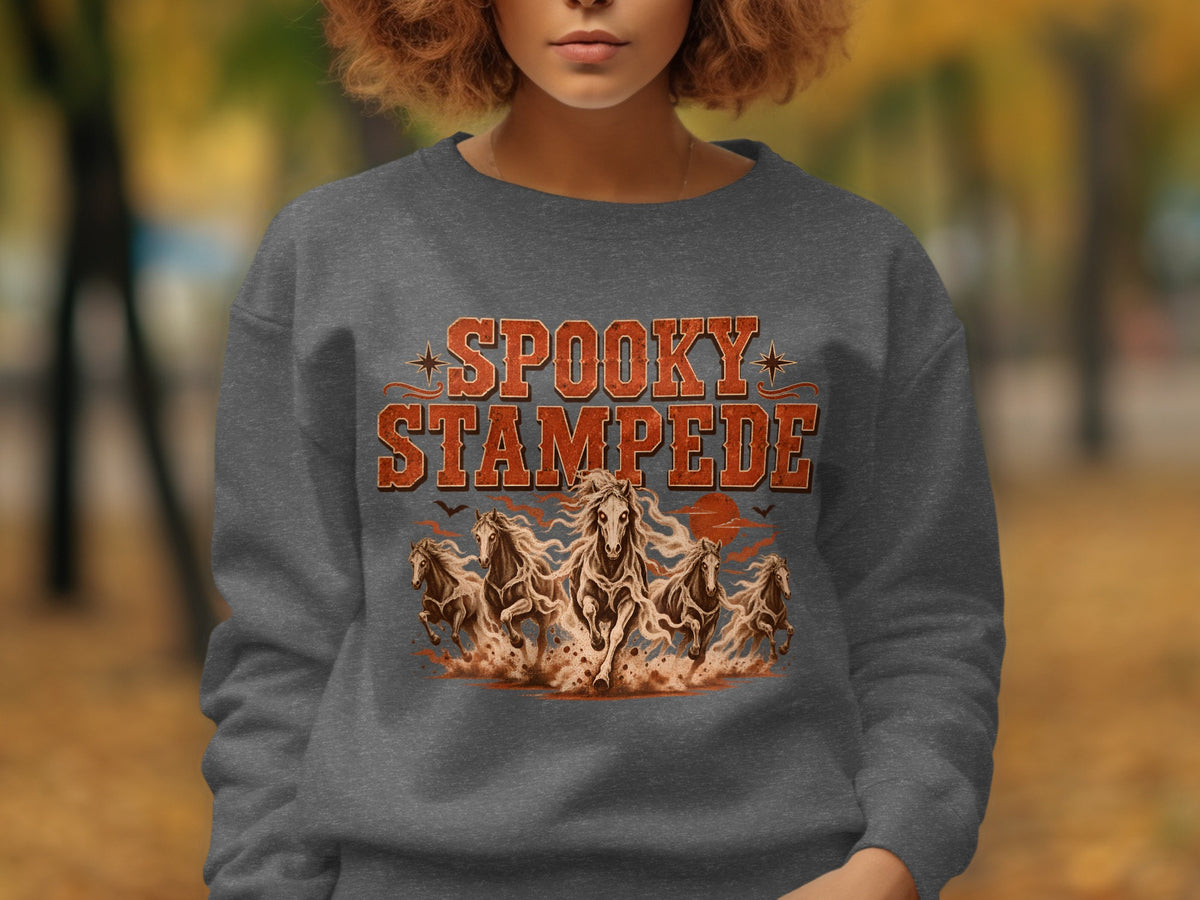 Dark grey sweatshirt with "Spooky Stampede" text and galloping horses graphic.