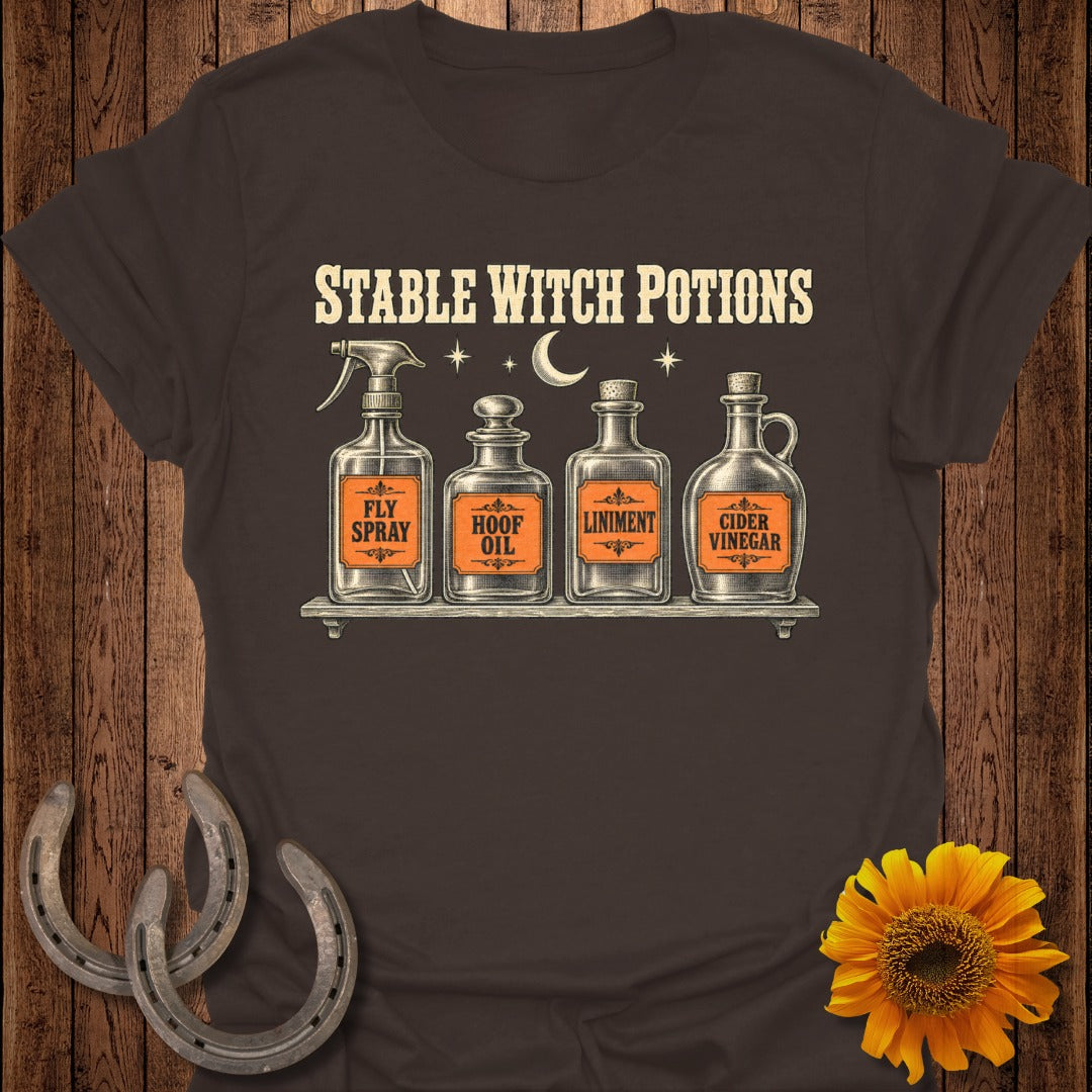 Stable Witch Potions text above bottles of fly spray, hoof oil, liniment, and cider vinegar.