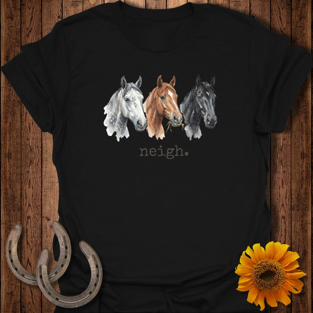 Three watercolor horses with "neigh." text on a black t-shirt.