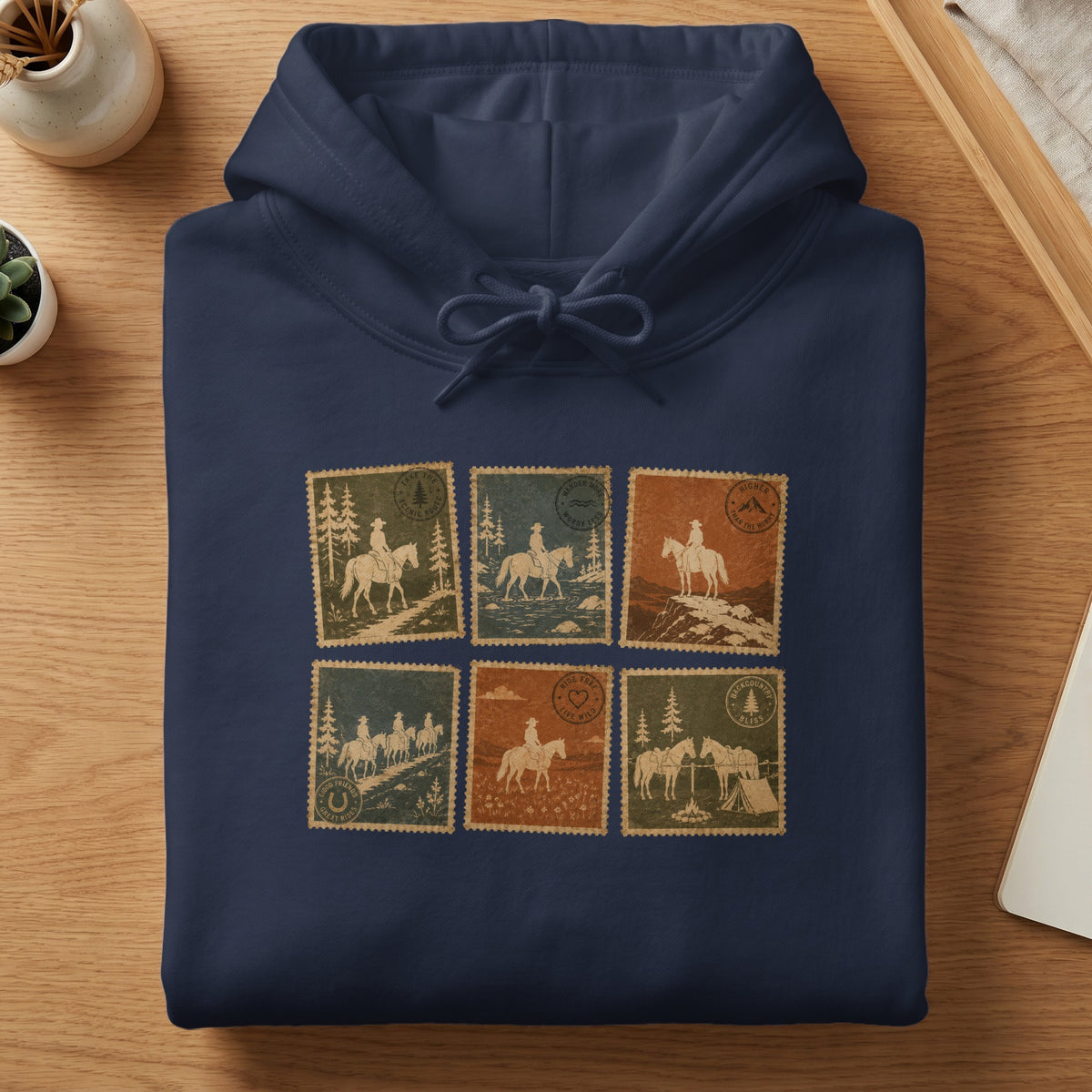 Navy hoodie with six postage stamp-style designs featuring cowboys and horses.