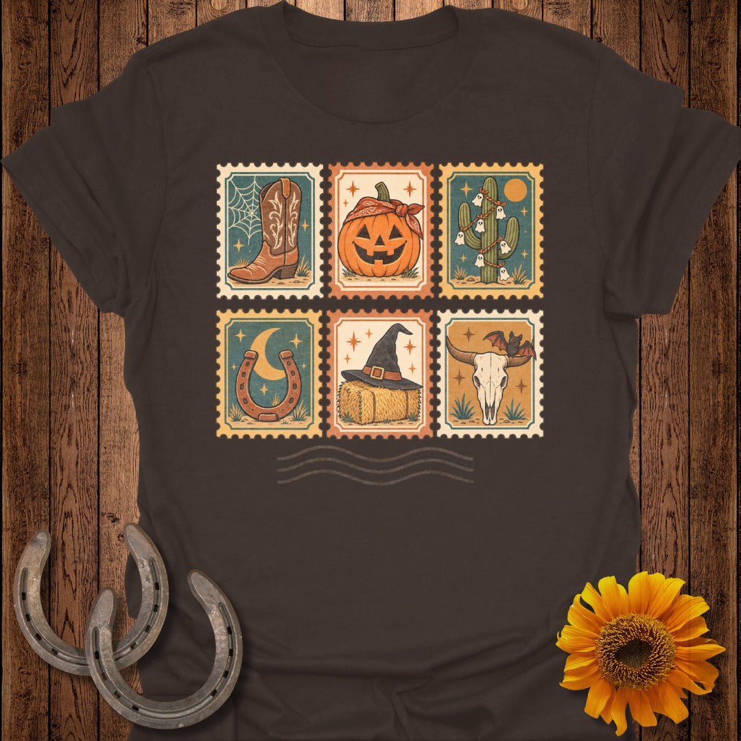 Brown t-shirt with six postage stamps featuring Halloween and western themes.