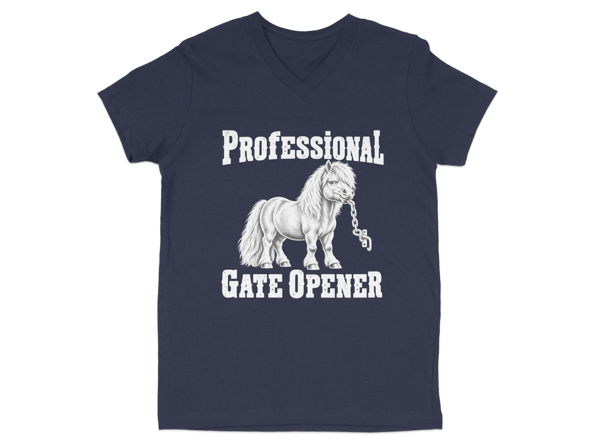 Dark blue V-neck t-shirt with a graphic of a pony biting a chain, and text reading PROFESSIONAL GATE OPENER.