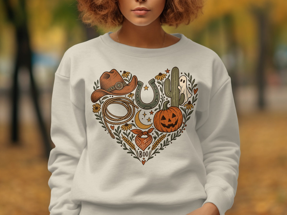 White sweatshirt with heart-shaped Western and Halloween graphic including cowboy hat, horseshoe, cactus, and pumpkin.