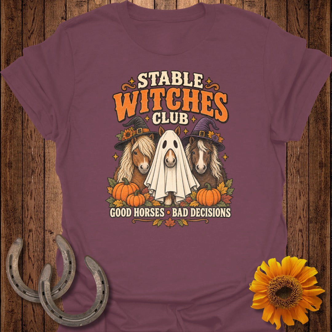 Stable Witches Club text with horses dressed for Halloween, pumpkins, and leaves.
