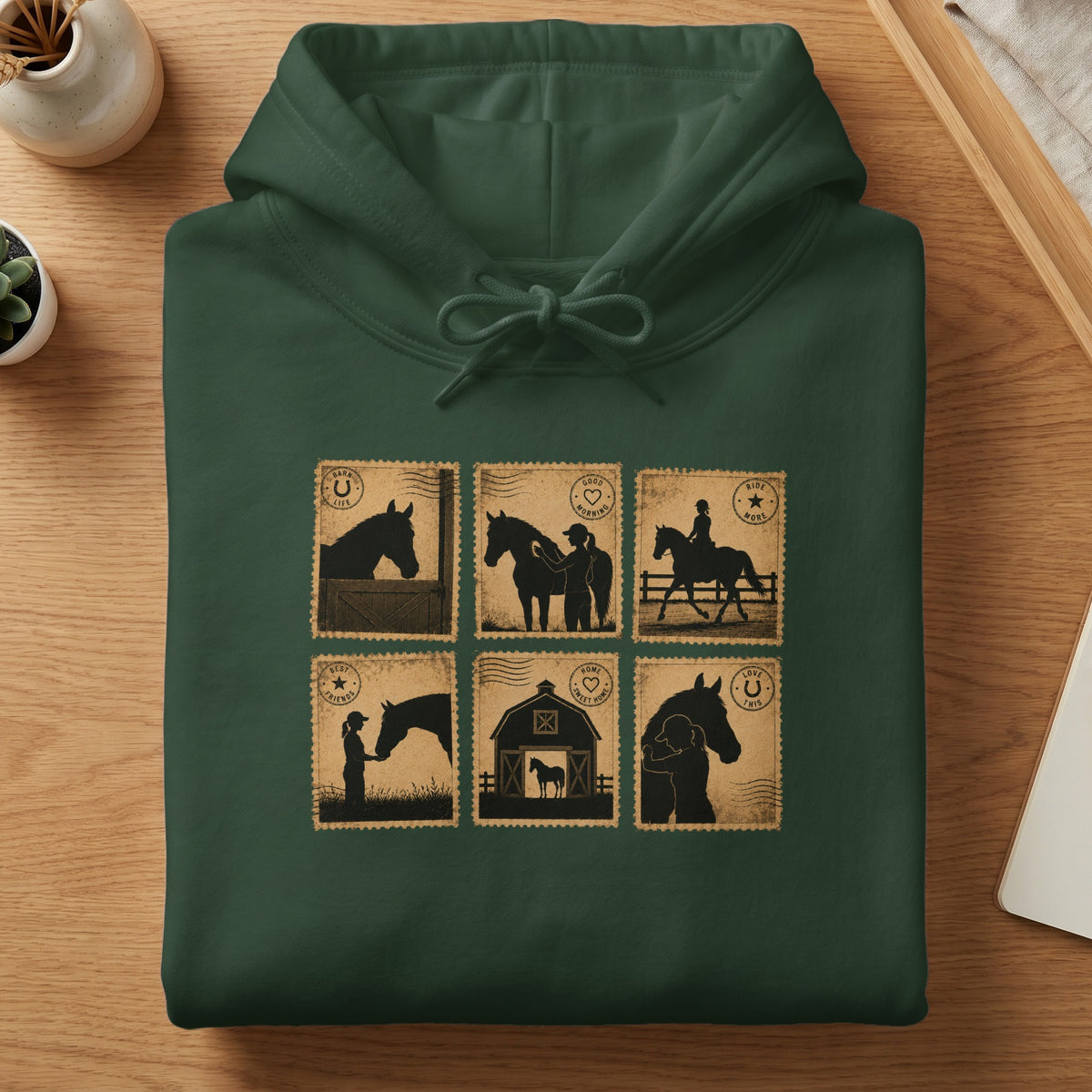 Green hoodie with six postage stamp-like graphics featuring horse and rider silhouettes.