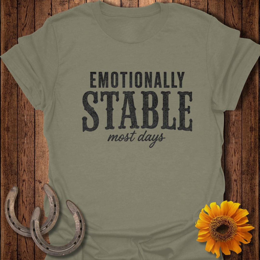 Olive t-shirt with "Emotionally Stable most days" text and horseshoe accents.
