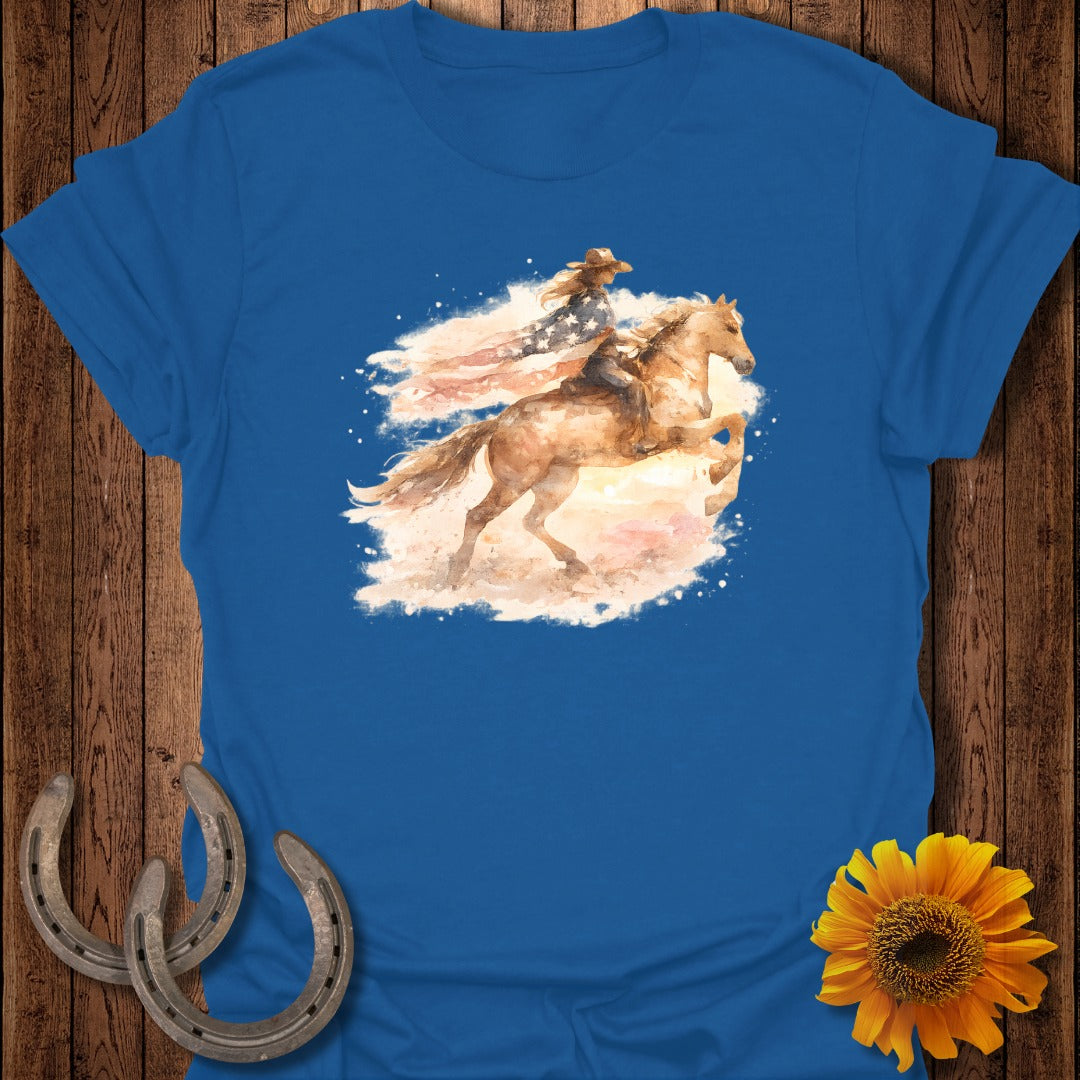 Cowgirl on horseback with American flag background, watercolor style.