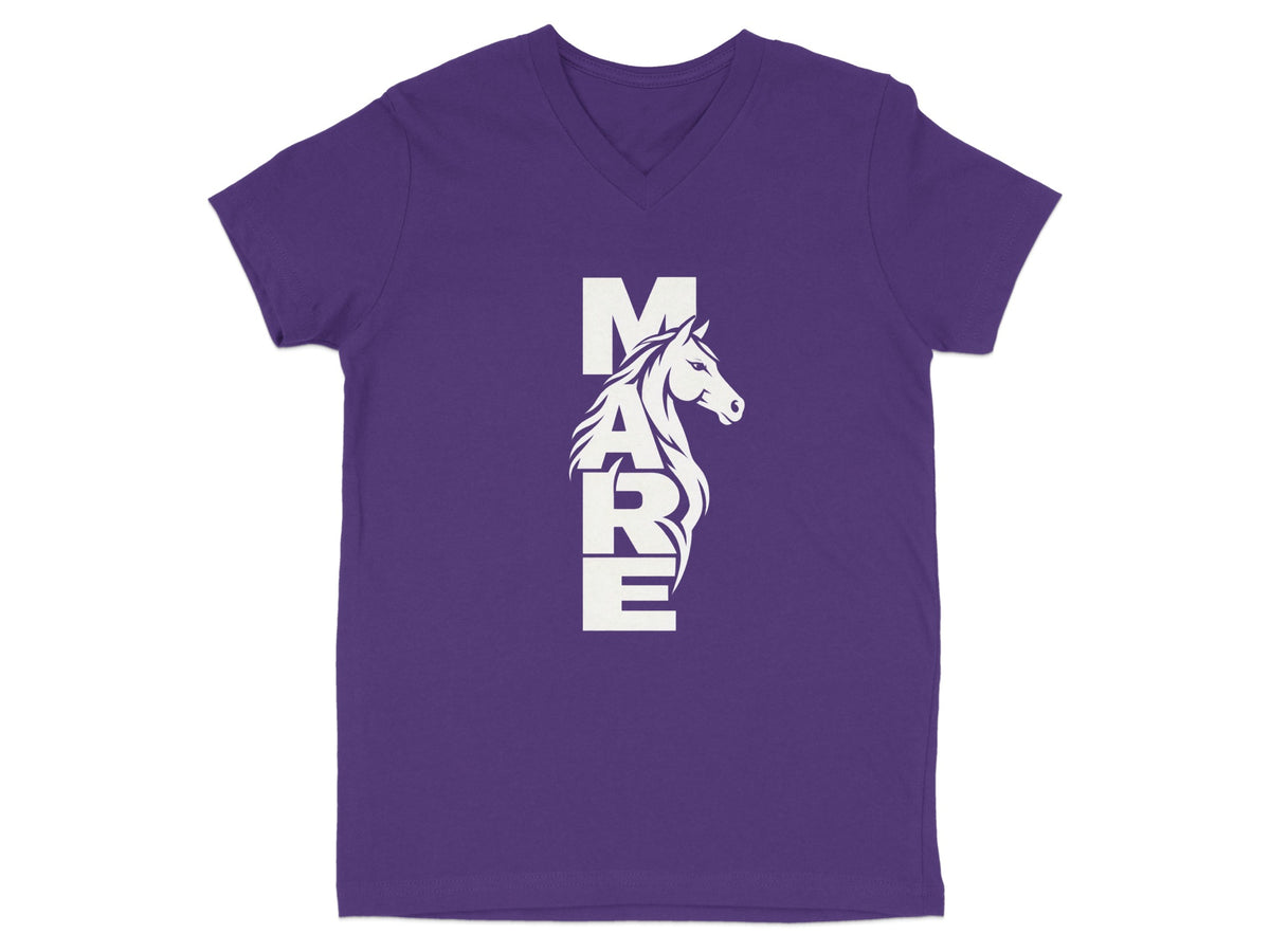 A purple V-neck t-shirt featuring a white graphic of a horse and the vertical text MARE.