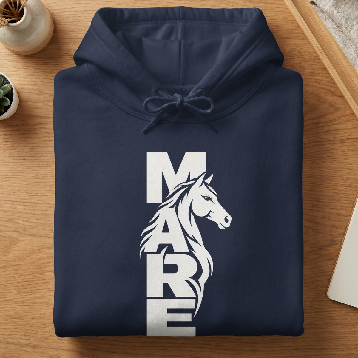 A dark blue hooded sweatshirt featuring white vertical text reading MARE and a horse graphic.