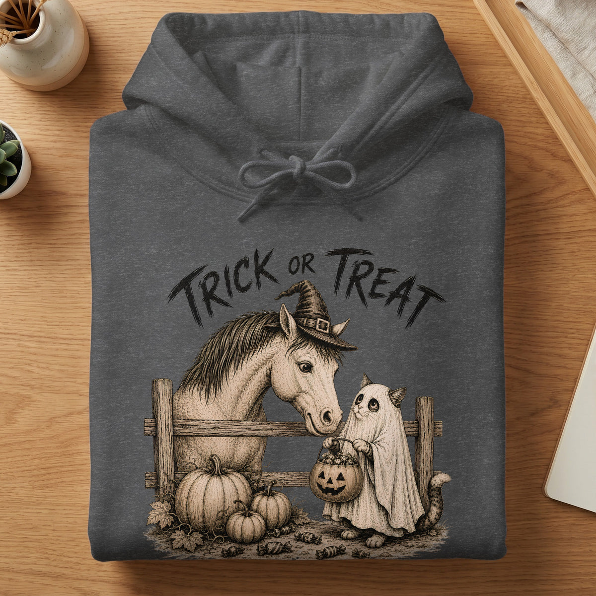 Dark grey hoodie with a "Trick or Treat" design featuring a horse and cat.