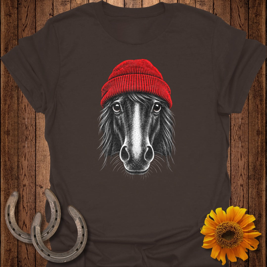 Black horse wearing a red beanie, with two horseshoes and a sunflower.