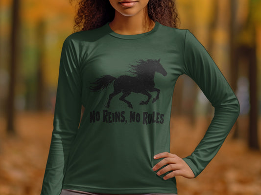 Green long-sleeve shirt with a black silhouette of a running horse and text.