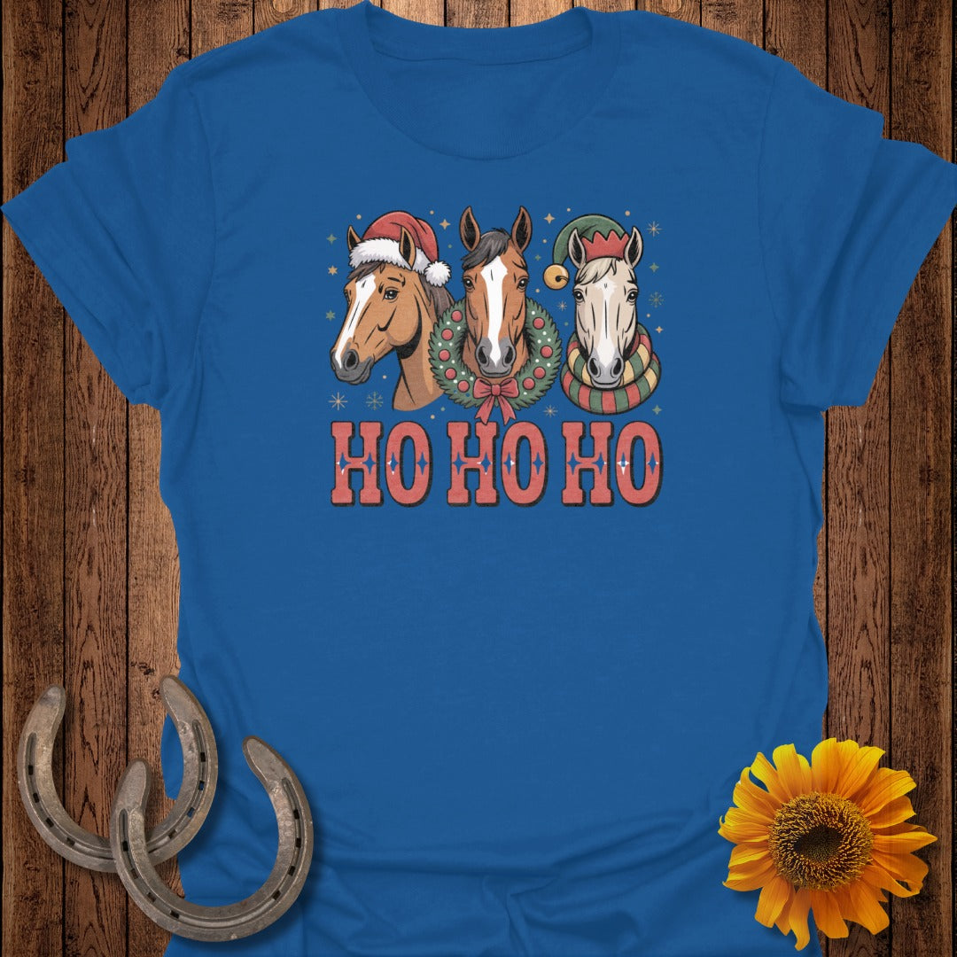 Three horses in festive hats and scarves with "HO HO HO" text.