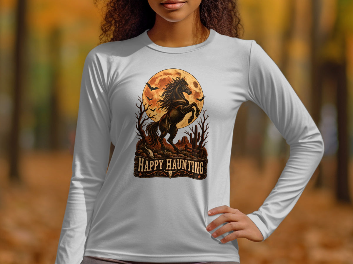 Horse rearing in front of moon, with bats and cactus, "Happy Haunting" text.
