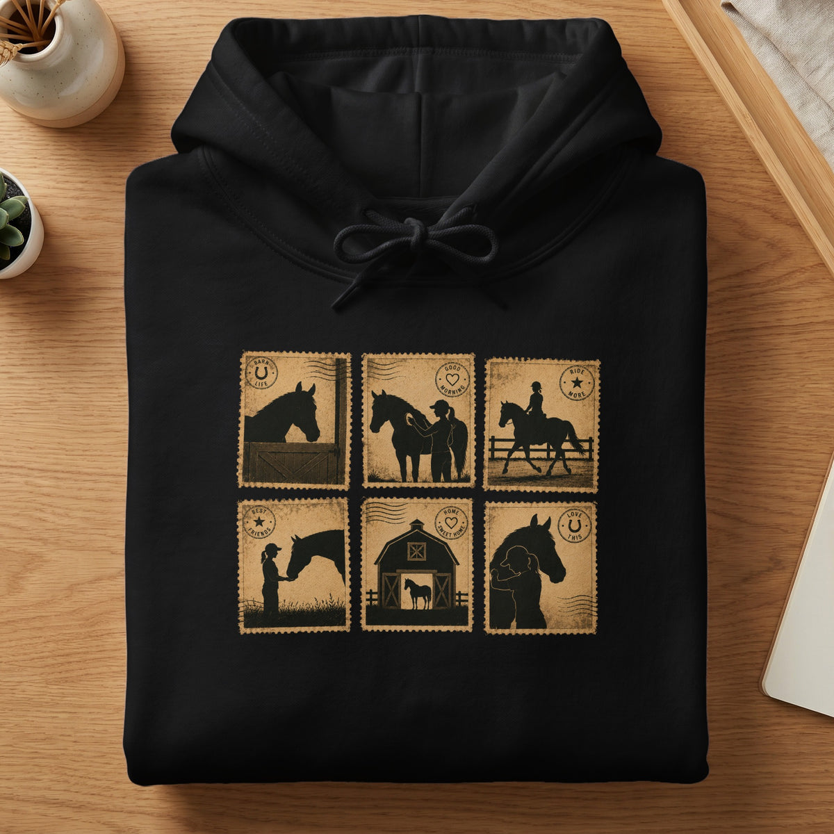 Black hoodie with a graphic of six vintage postage stamps featuring horse and rider silhouettes.