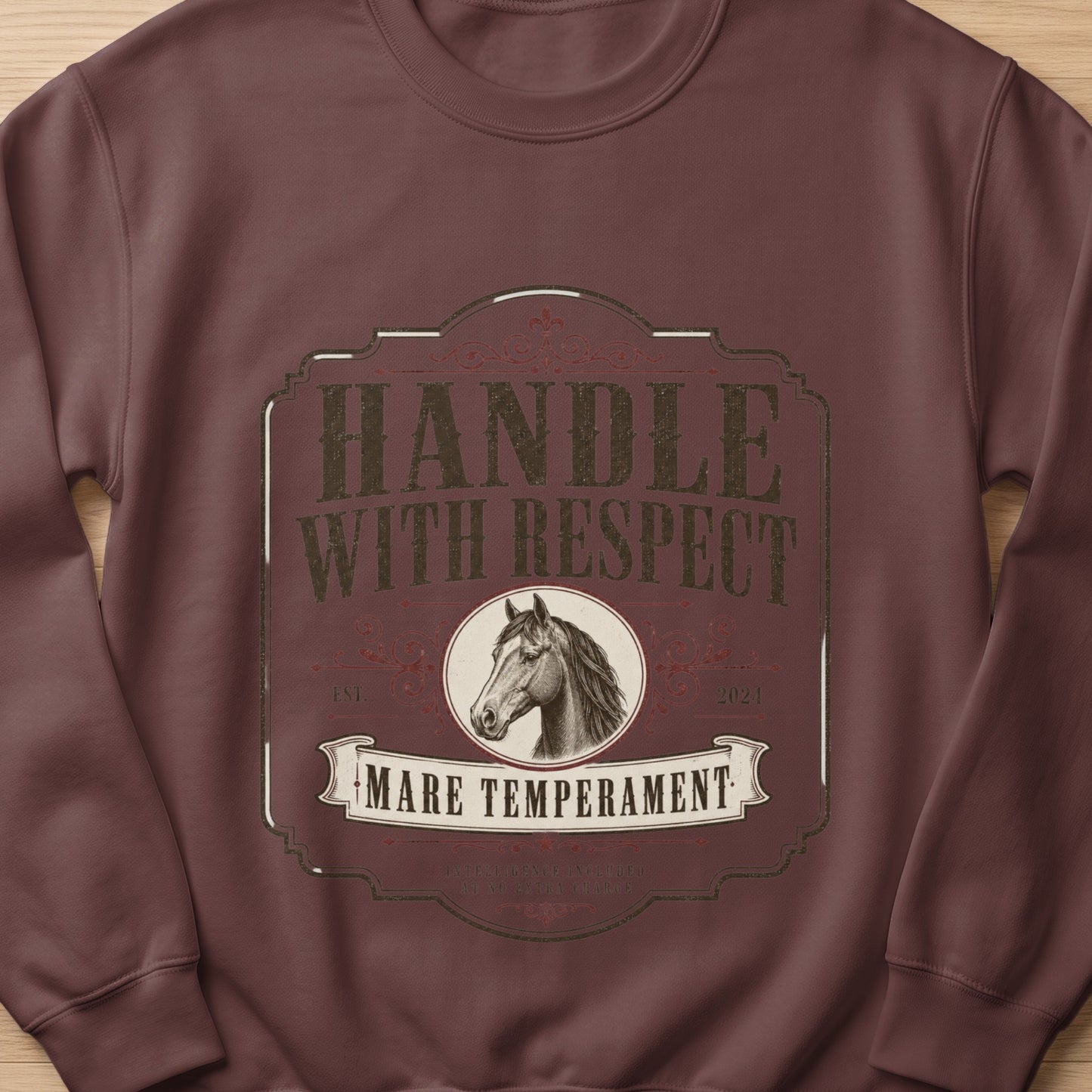 Brown sweatshirt with distressed vintage graphic featuring a horse and text.