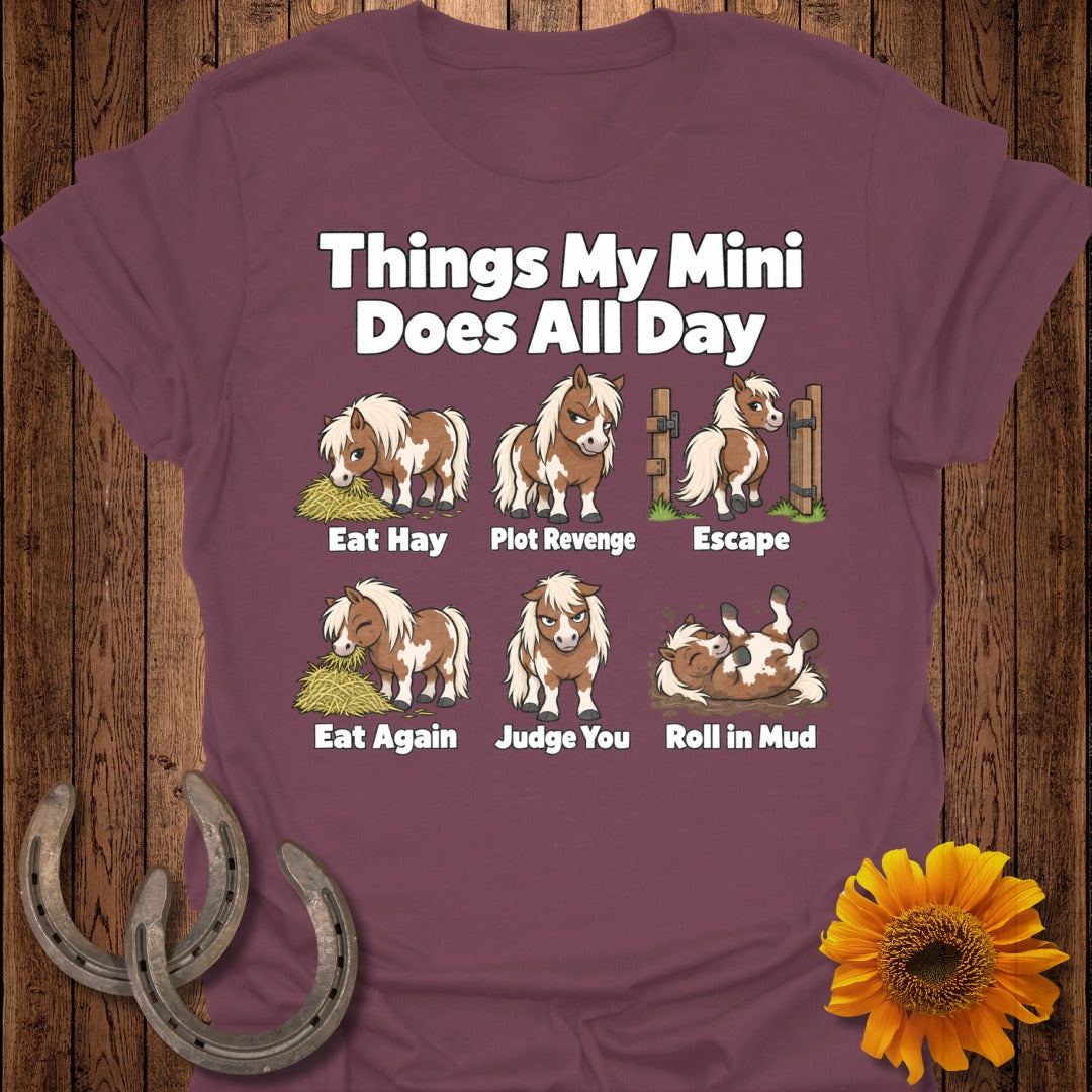 Miniature horses eating, plotting, escaping, judging, and rolling in mud.