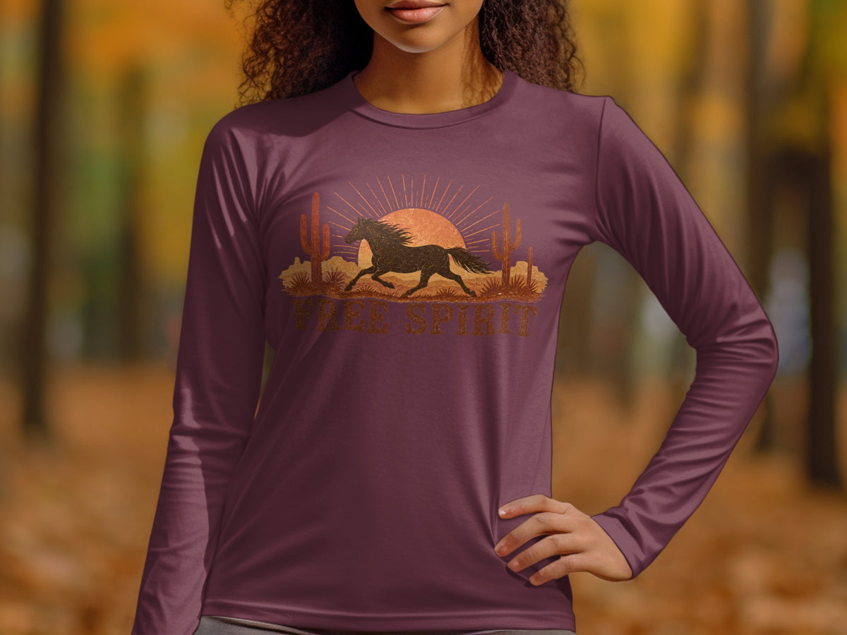 Maroon long-sleeve shirt with desert sunset graphic and "FREE SPIRIT" text.
