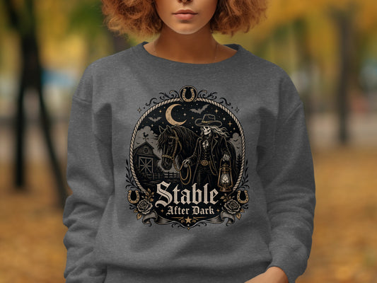 Skeleton cowboy with lantern and horse in front of barn, text "Stable After Dark".