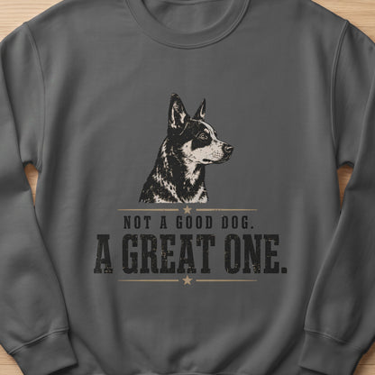 Dark grey sweatshirt featuring a distressed black and white dog portrait and text.