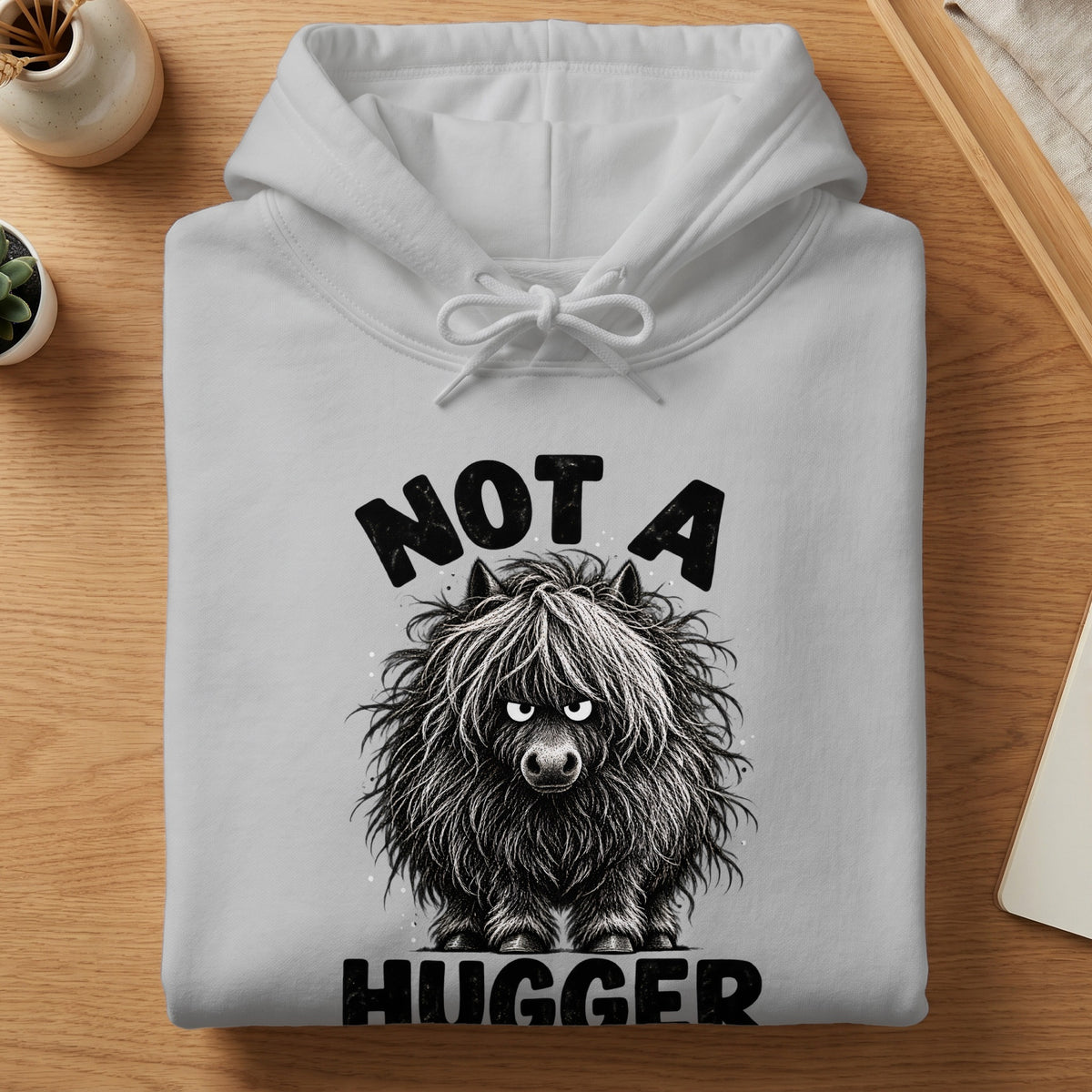 A folded light gray hoodie features a graphic of a grumpy, shaggy cow with the text NOT A HUGGER.