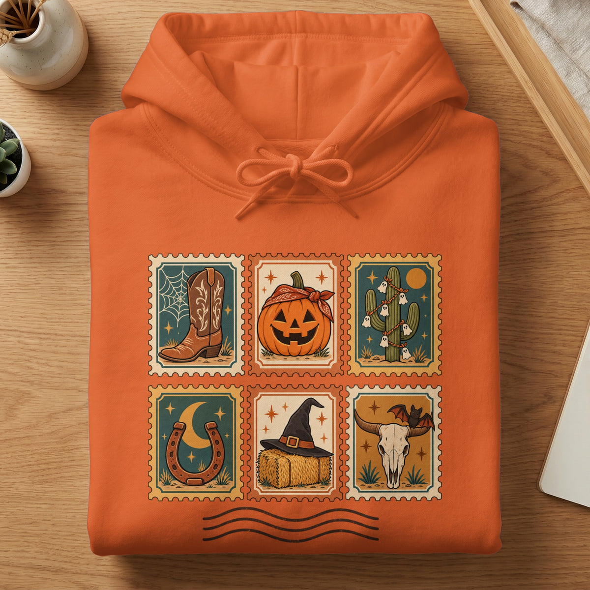 Orange hoodie with six Halloween-themed postage stamps: cowboy boot, jack-o-lantern, cactus with ghosts.